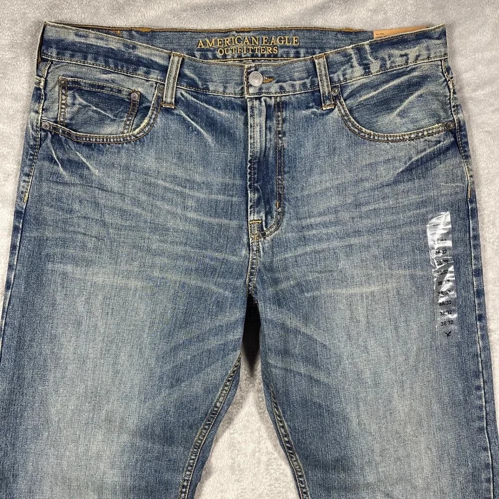 American Eagle Loose‎ Jeans Men 38x32 Blue Medium Wash Whiskered Denim NEW